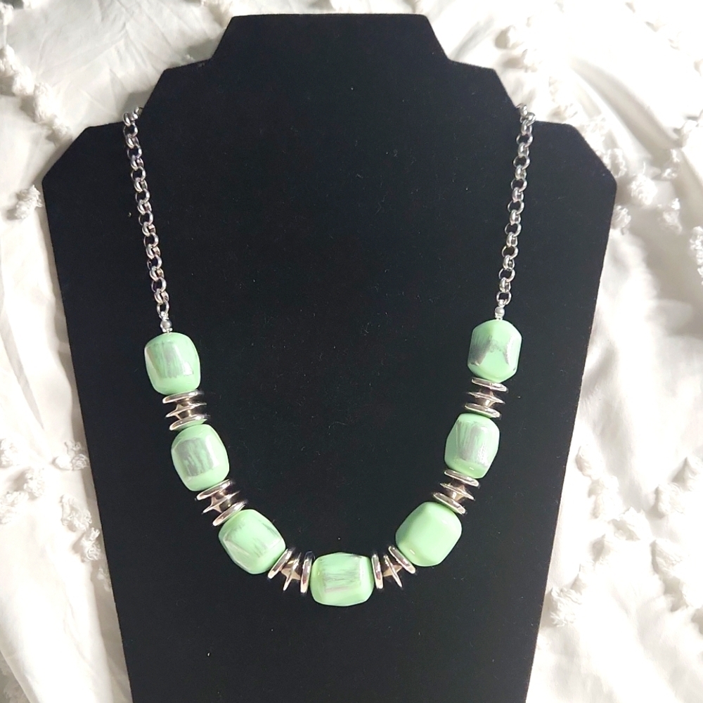 Chic Mint Green Beaded Necklace with Silver Accents